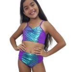 Bikini con ruche en panty morado con escamas tornasol
